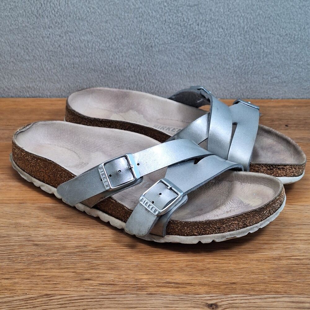 Birkenstock Yao Sandals Women’s EU 38 Narrow US 7 7.5 Metallic Silver Slip On
